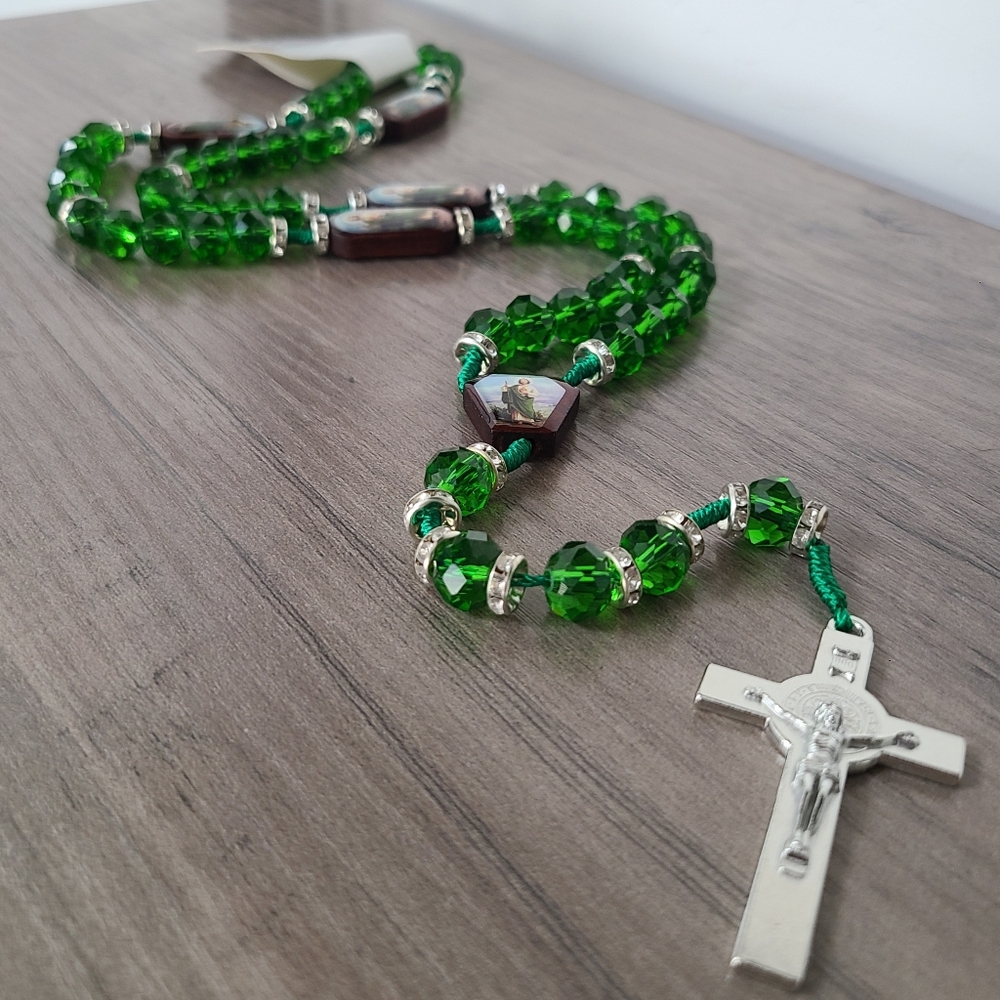 Beautiful Green and Silver Rosary, Crystal Beads Rosary With St. Jude